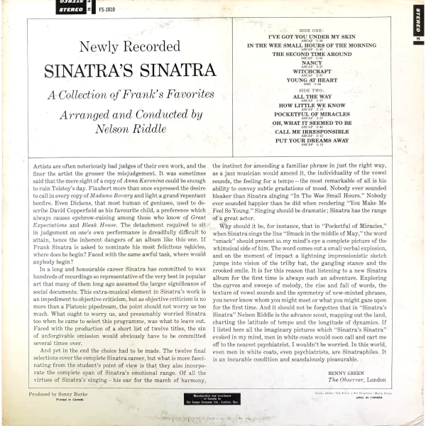 Sinatra's Sinatra Back Cover & Review